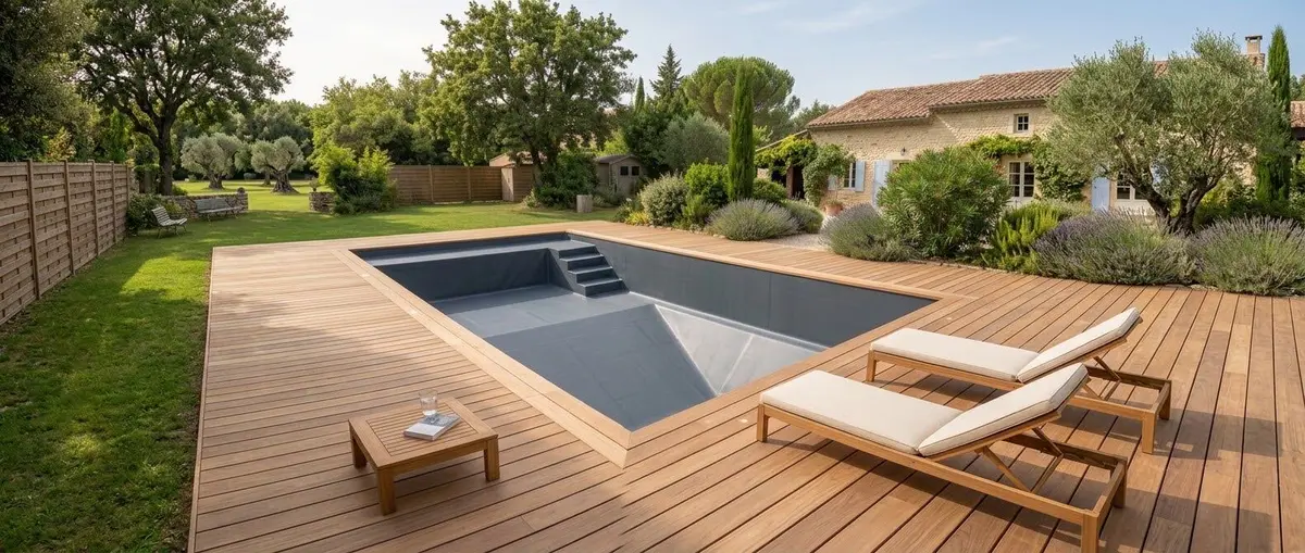 Piscine revêtue d'une membrane PVC armée grise et terrasse bois