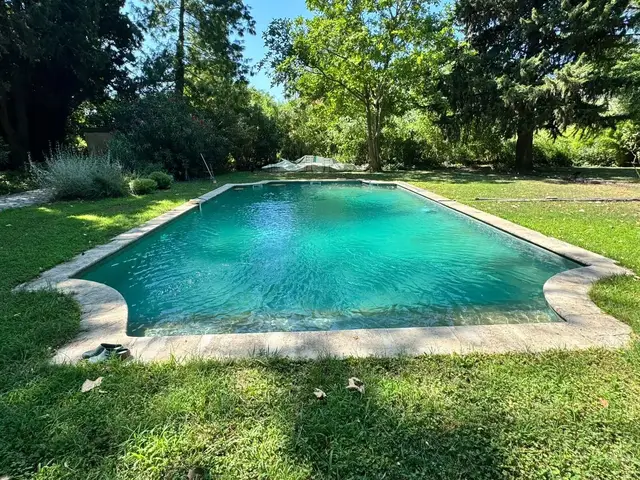 Piscine rectangulaire à margelles en pierre dans un jardin arboré du Gard